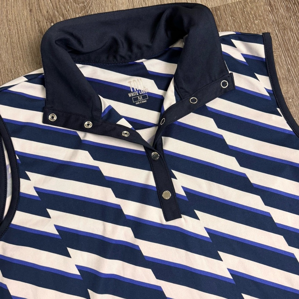 Tail White Label M Sleeveless 1/4 Snap Golf Shirt Blue White Stretch Mock Neck